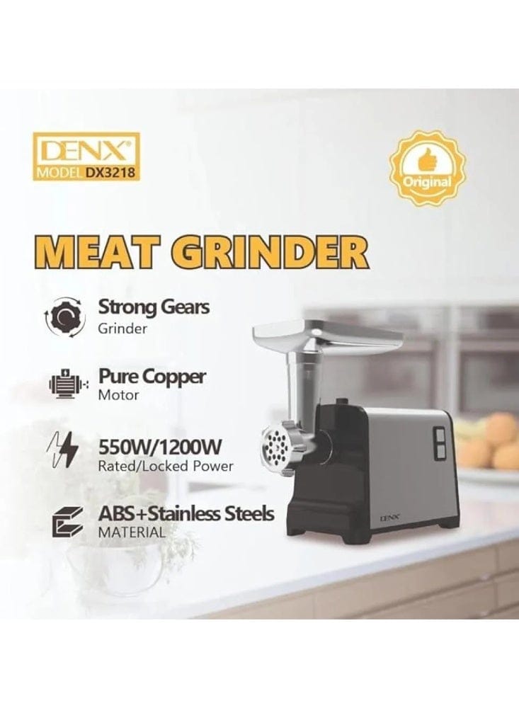 DENX DX3218 Electric Meat Grinder – 550W Motor (Up to 1200W Lock Power), Multiple Blades, Sausage & Kebab Attachments, Durable Stainless Steel Design