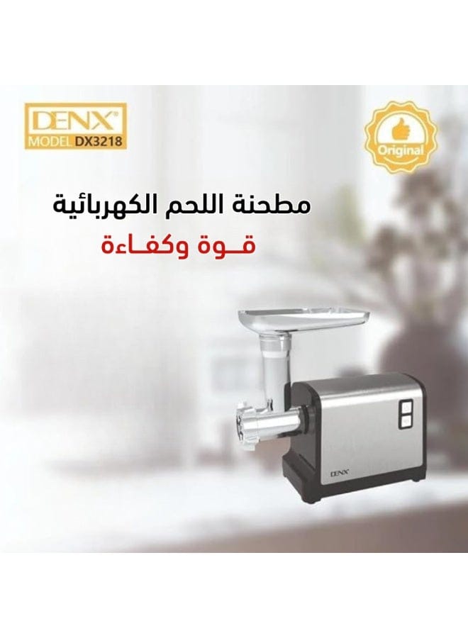 DENX DX3218 Electric Meat Grinder – 550W Motor (Up to 1200W Lock Power), Multiple Blades, Sausage & Kebab Attachments, Durable Stainless Steel Design