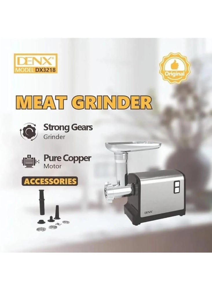 DENX DX3218 Electric Meat Grinder – 550W Motor (Up to 1200W Lock Power), Multiple Blades, Sausage & Kebab Attachments, Durable Stainless Steel Design