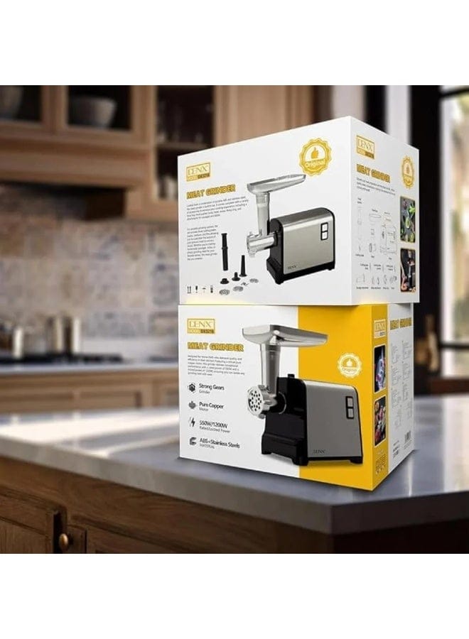 DENX DX3218 Electric Meat Grinder – 550W Motor (Up to 1200W Lock Power), Multiple Blades, Sausage & Kebab Attachments, Durable Stainless Steel Design